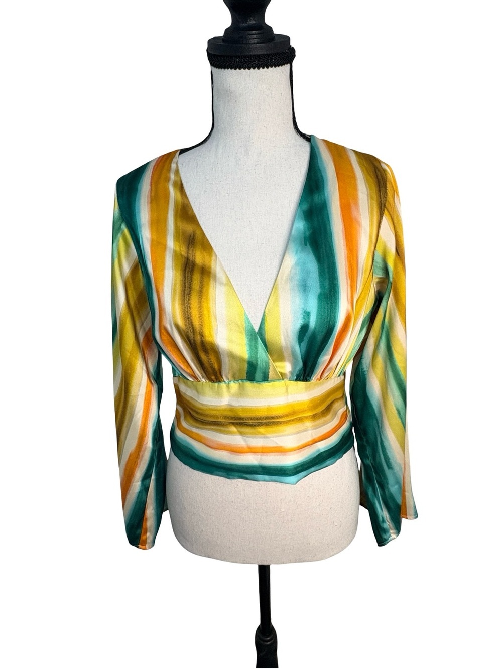 Zara Satin Watercolour Stripe Bell Sleeve Crop Top M BNWT